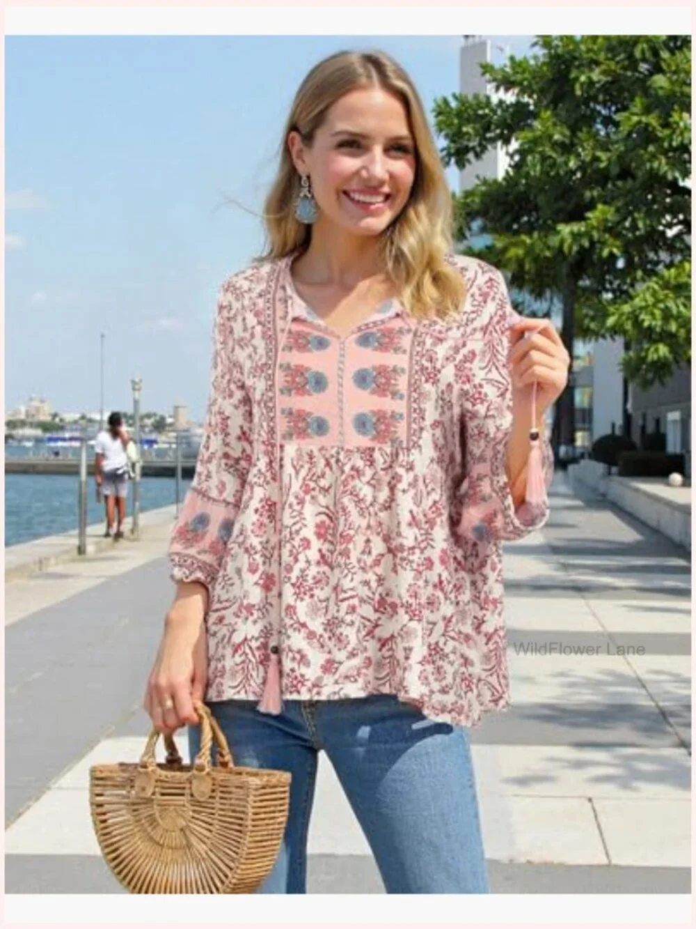 Boho Babydoll Top 3/4 Lantern Sleeve Peplum Blouse V-Neck Tie Front Tunic - Picture 5 of 7
